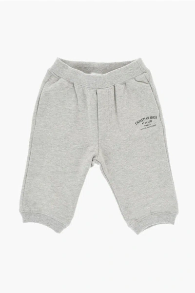 Dior Fleeced Cotton Joggers With Printed Logo In Gray