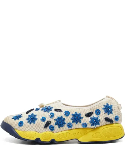 Pre-owned Dior Floral-embroidered Slip-on Sneakers In White