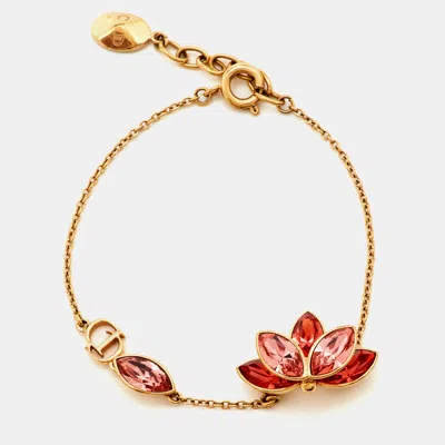 Pre-owned Dior Floral Motif Pink Crystal Gold Tone Bracelet