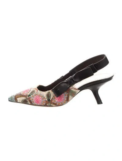 Pre-owned Dior Floral Print Bow Accents Slingback Pumps In Black