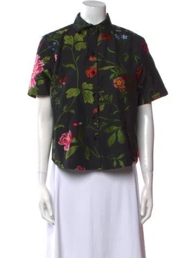 Pre-owned Dior Floral Print Short Sleeve Button-up Top In Black