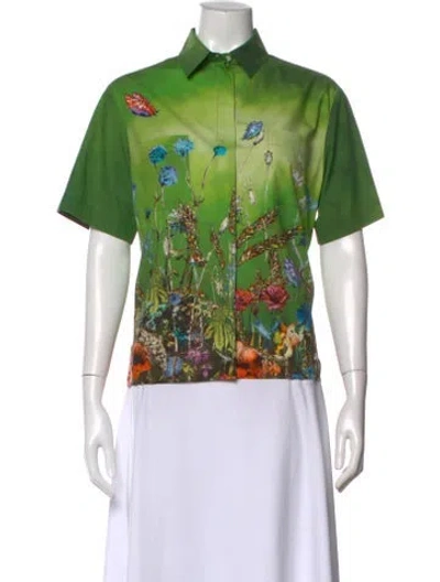 Pre-owned Dior Floral Print Short Sleeve Button-up Top In Green