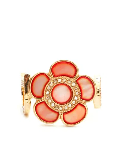 Pre-owned Dior Floral Rhinestone Ring In Gold