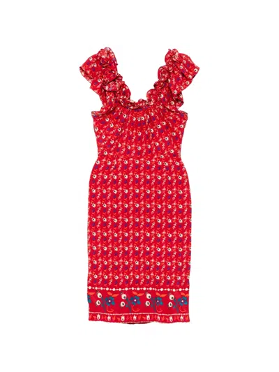 Pre-owned Dior Floral Silk Ruffled Midi Dress In Red