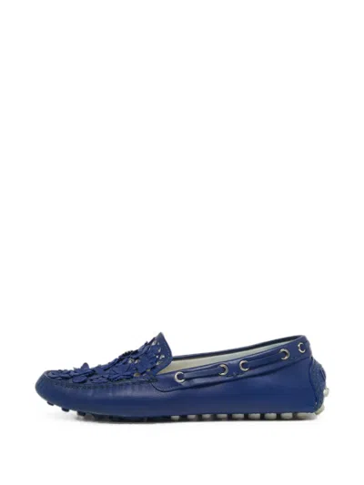 Pre-owned Dior Floral-appliqué Leather Loafers In Blue