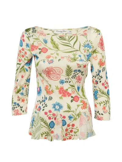 Pre-owned Dior Floral-print Silk Top In Neutral