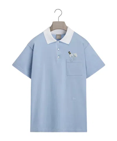 Dior Short-sleeved Shirt With  Flower Bee Embroidery In Blue