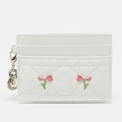 Pre-owned Dior Freesia White Cannage Leather Card Holder