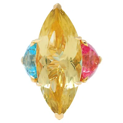 Pre-owned Dior French Lemon Quartz Tourmaline Topaz 18k Gold Three Stone Cocktail Ring In Multi