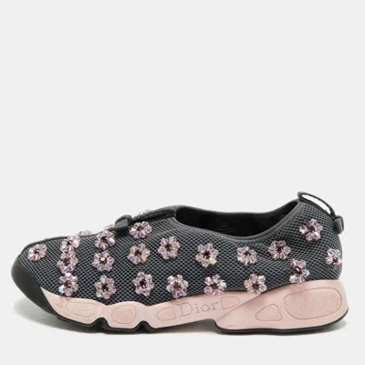 Pre-owned Dior Fusion Crystal Embellished Size 39.5 Grey Mesh Slip On Sneakers In Gray