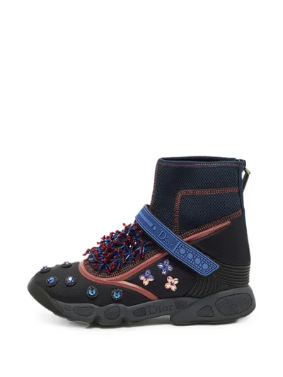 Pre-owned Dior Fusion Crystal-embellished High-top Sneakers In Black