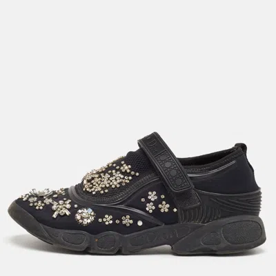Pre-owned Dior Fusion Size 37.5 Black Mesh And Neoprene Embellished Velcro Strap Sneakers