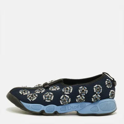 Pre-owned Dior Fusion Size 38 Blue Mesh Crystal Embellished Slip On Sneakers