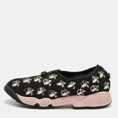 Pre-owned Dior Fusion Size 38.5 Black Knit Fabric Embellished Slip On Sneakers