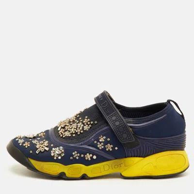 Pre-owned Dior Fusion Size 39.5 Navy Blue Neoprene And Rubber Crystal Embellished Slip On Sneakers