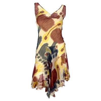 Pre-owned Dior F/w 2001 Christian  By John Galliano Sheer Ikat Silk Flare Midi Dress In Brown