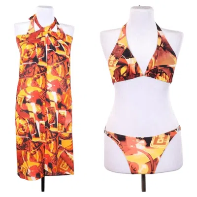 Pre-owned Dior F/w 2001 Christian  John Galliano Plunging Cadillac Car Print Swimsuit Pareo In Beige