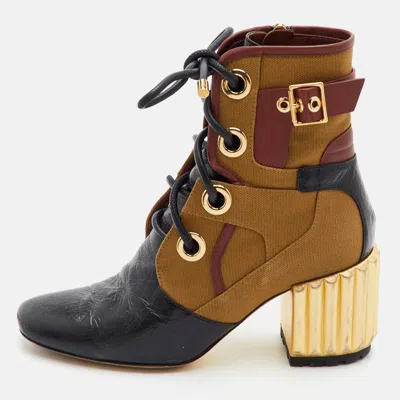 Pre-owned Dior Glorious Size 36 Black/brown Canvas And Leather Ankle Length Boots