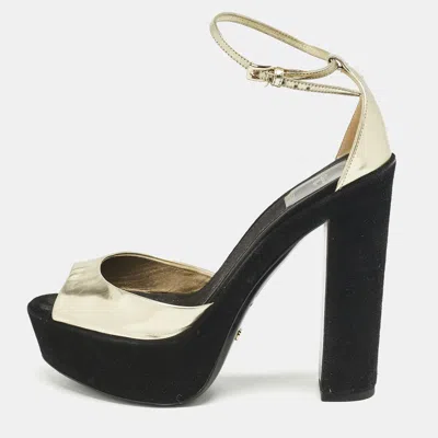 Pre-owned Dior Gold Leather And Suede Block Heel Ankle Strap Sandals Size 37.5