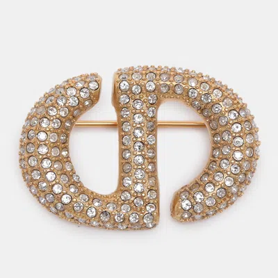 Pre-owned Dior Gold Tone Crystal Cd Navy Brooch