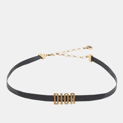 Pre-owned Dior Gold Tone Logo Grosgrain Ribbon Choker Necklace In Black