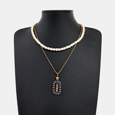 Pre-owned Dior Gold Tone Metal Faux Pearl Necklace