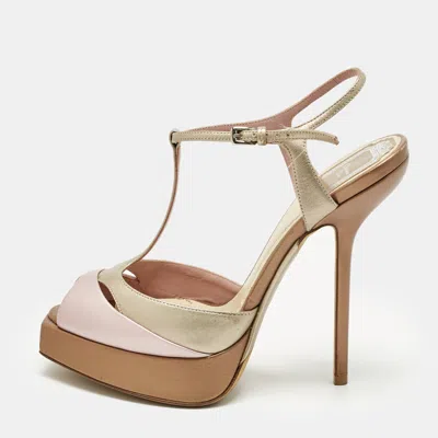 Pre-owned Dior Gold/purple Leather Platform Ankle Strap Sandals Size 37 In Multi