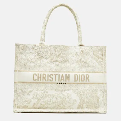 Pre-owned Dior Gold/white Toile De Jouy Embroidered Canvas Medium Book Tote