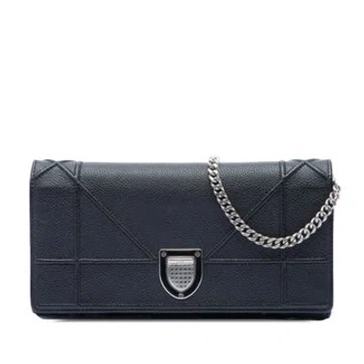 Pre-owned Dior Grained Calfskin Ama Croisiere Wallet On Chain In Black