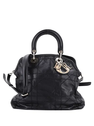 Pre-owned Dior Granville Cannage Quilt Leather Medium Satchel In Black