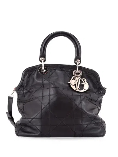 Pre-owned Dior Granville Cannage Quilt Leather Medium Satchel In Black