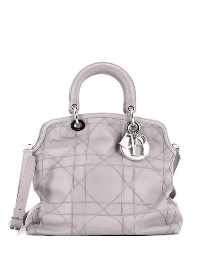 Pre-owned Dior Granville Cannage Quilt Leather Medium Satchel In Gray