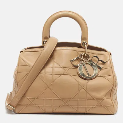Pre-owned Dior Granville Polochon Beige Cannage Leather Satchel In Sand