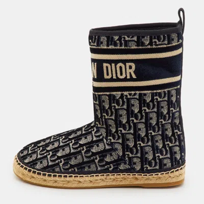 Pre-owned Dior Granville Size 35.5 Navy Blue/beige Oblique Velvet And Canvas Snow Boots