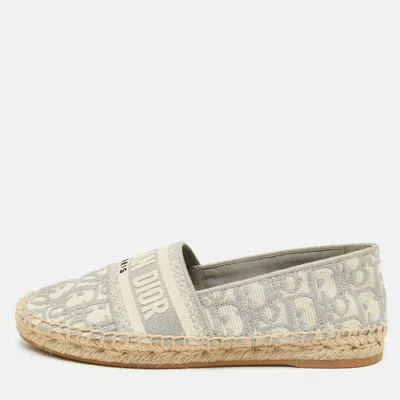 Pre-owned Dior Granville Size 36.5 Grey/white Oblique Jacquard Embroidered Logo Espadrille Flats