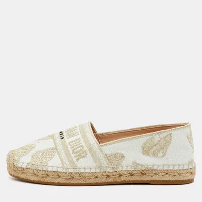 Pre-owned Dior Granville Size 37.5 White/gold Embroidered Canvas Espadrille Flats