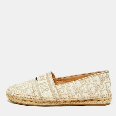 Pre-owned Dior Granville Size 38 Cream Canvas Espadrille Flats In White