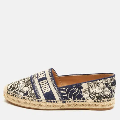 Pre-owned Dior Granville Size 38.5 Navy Blue/white Jacquard Toile De Jouy Embroidered Espadrille Flats