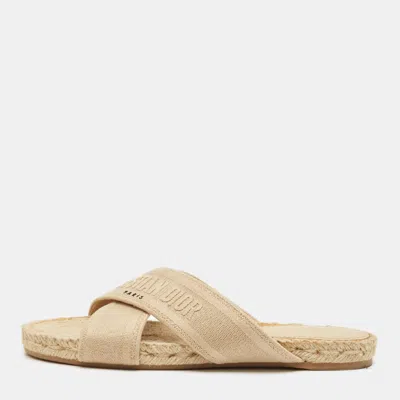 Pre-owned Dior Granville Size 40.5 Beige Canvas Crisscross Flat Slide In Sand