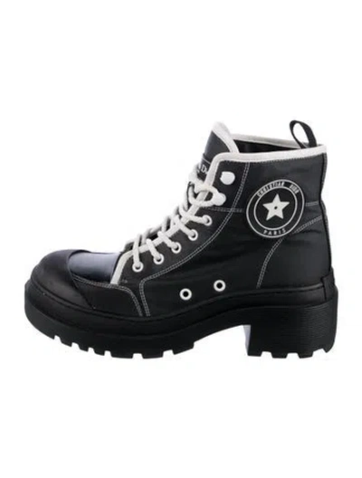 Pre-owned Dior Graphic Print Leather Trim Embellishment Combat Boots In Black