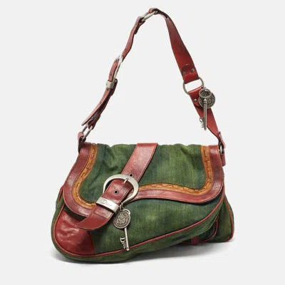 Pre-owned Dior Green Canvas Nad Leather Large Gaucho Double Saddle Bag