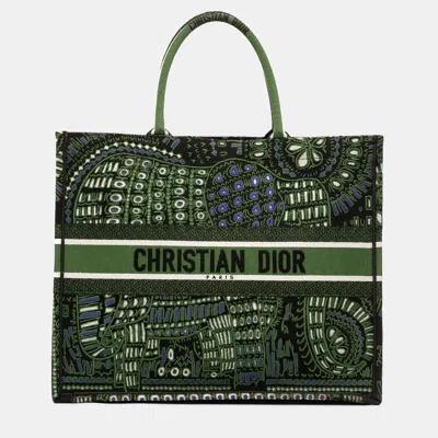 Pre-owned Dior Green Large Canvas Embroidered Elephant Book Tote