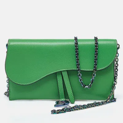 Pre-owned Dior Green Leather Saddle Wallet On Chain
