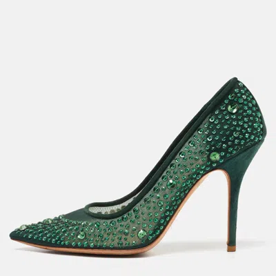 Pre-owned Dior Green Mesh And Suede Crystal Embellished Pointed Toe Pumps Size 40