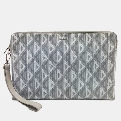 Pre-owned Dior Grey Canvas And Leather Cd Diamond Clutch In Gray