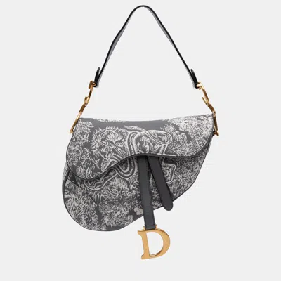 Pre-owned Dior Grey Canvas Reverse Embroidered Toile De Jouy Saddle Bag In Gray