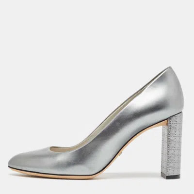 Pre-owned Dior Grey Leather Cannage Block Heel Pumps Size 37
