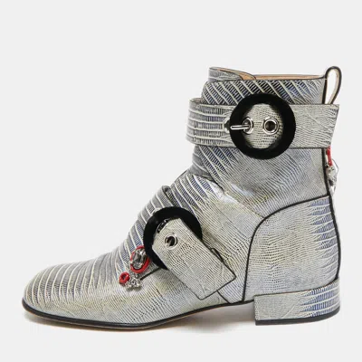 Pre-owned Dior Grey Lizard Embossed Leather Gatsby Jewel Combat Boots Size 36