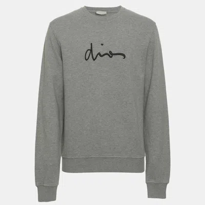 Pre-owned Dior Grey Logo Embroidered Cotton Sweater L In Gray