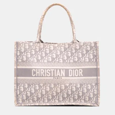 Pre-owned Dior Grey Medium Oblique Embroidered Canvas Book Tote In Gray